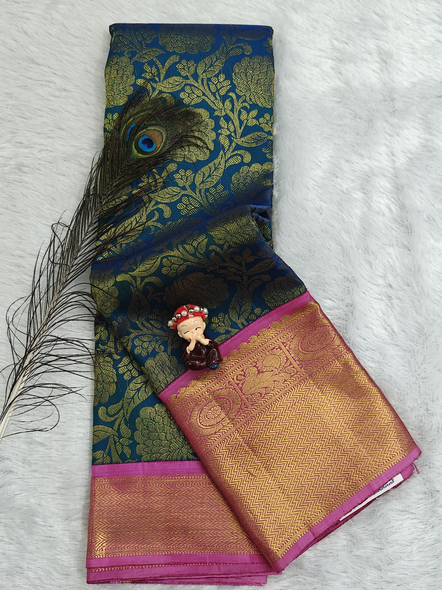 Peacock Blue Pure Bridal Silk Saree with Pink Border