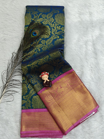 Peacock Blue Pure Bridal Silk Saree with Pink Border