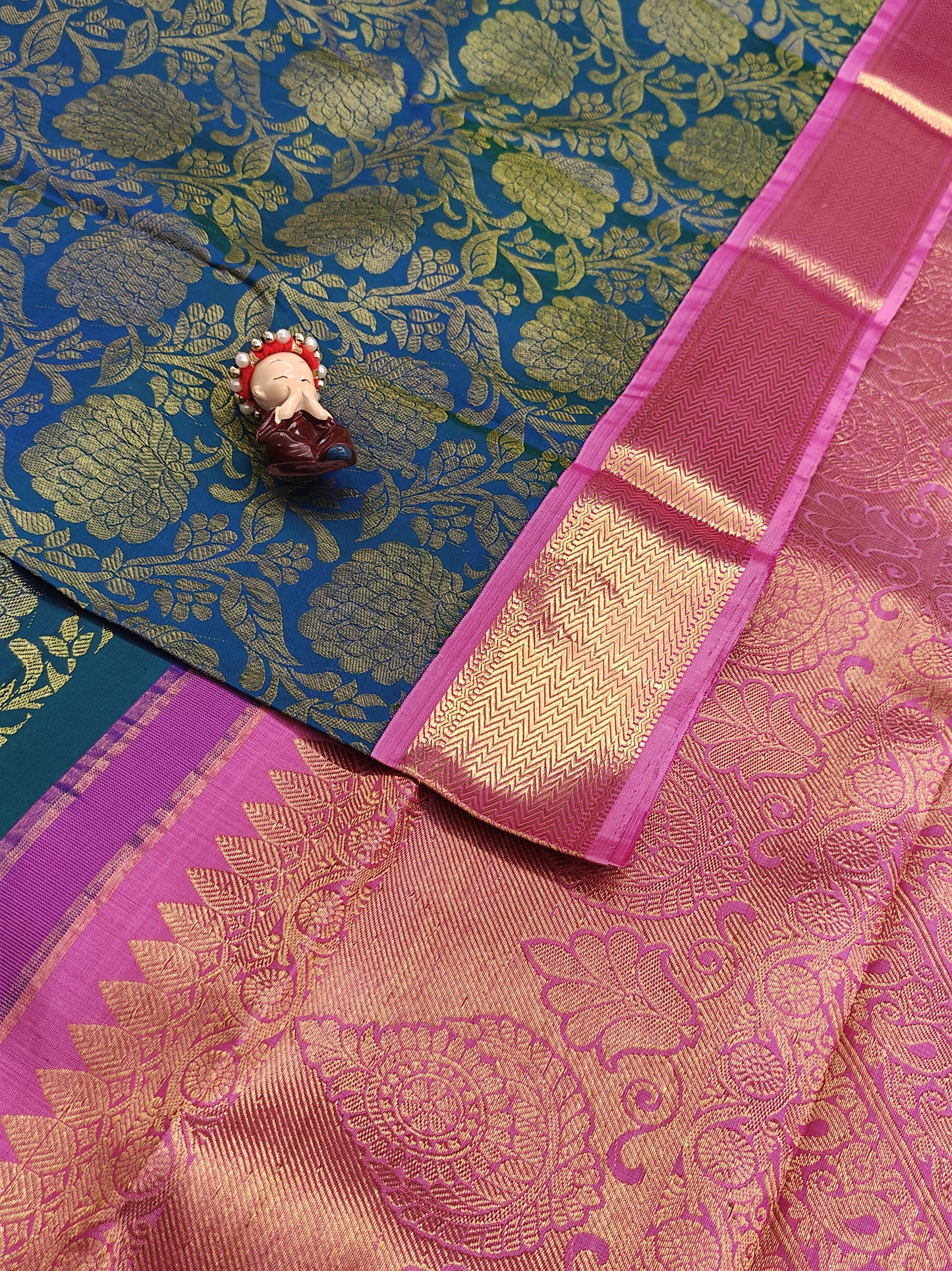Peacock Blue Pure Bridal Silk Saree with Pink Border