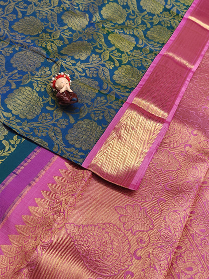 Peacock Blue Pure Bridal Silk Saree with Pink Border