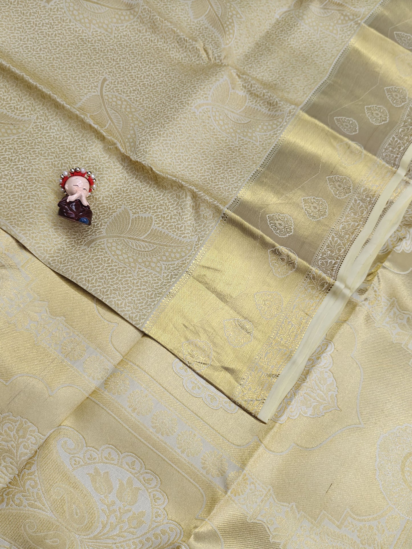 Off-White Pure Bridal Silk Saree with Gold Border