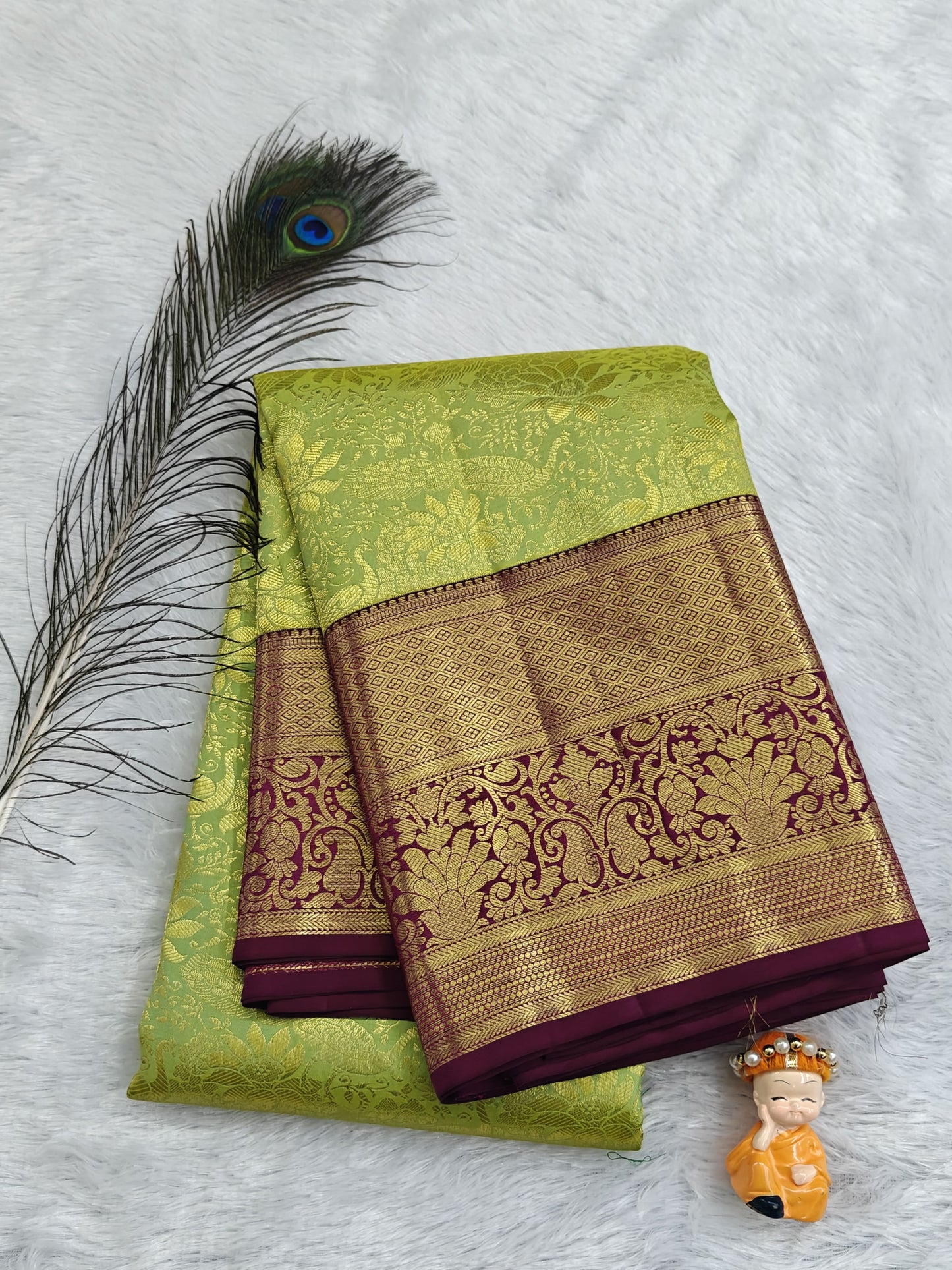 Parrot Green Pure Bridal Silk Saree with Purple Border