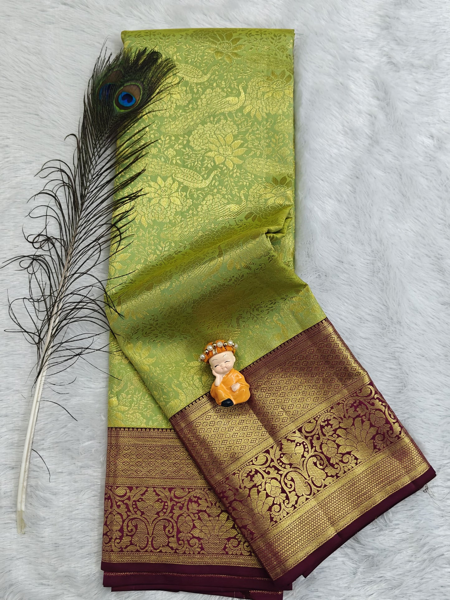 Parrot Green Pure Bridal Silk Saree with Purple Border