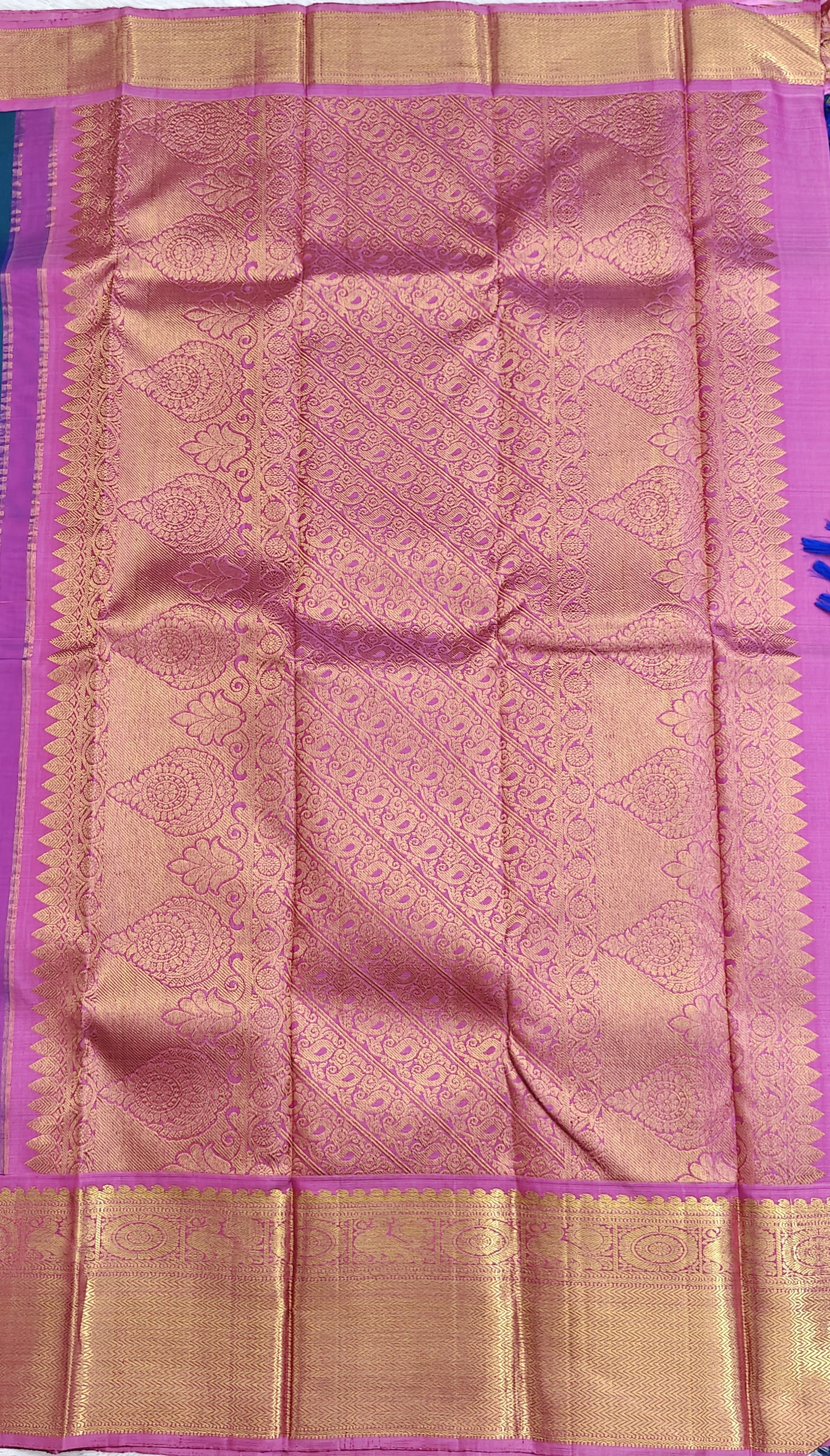 Peacock Blue Pure Bridal Silk Saree with Pink Border