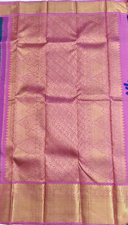 Peacock Blue Pure Bridal Silk Saree with Pink Border