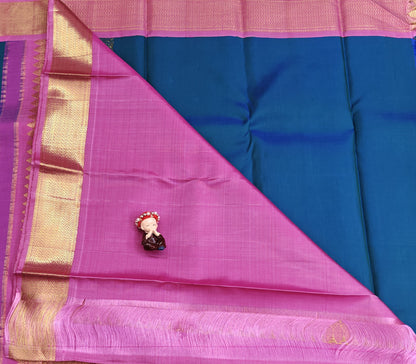 Peacock Blue Pure Bridal Silk Saree with Pink Border
