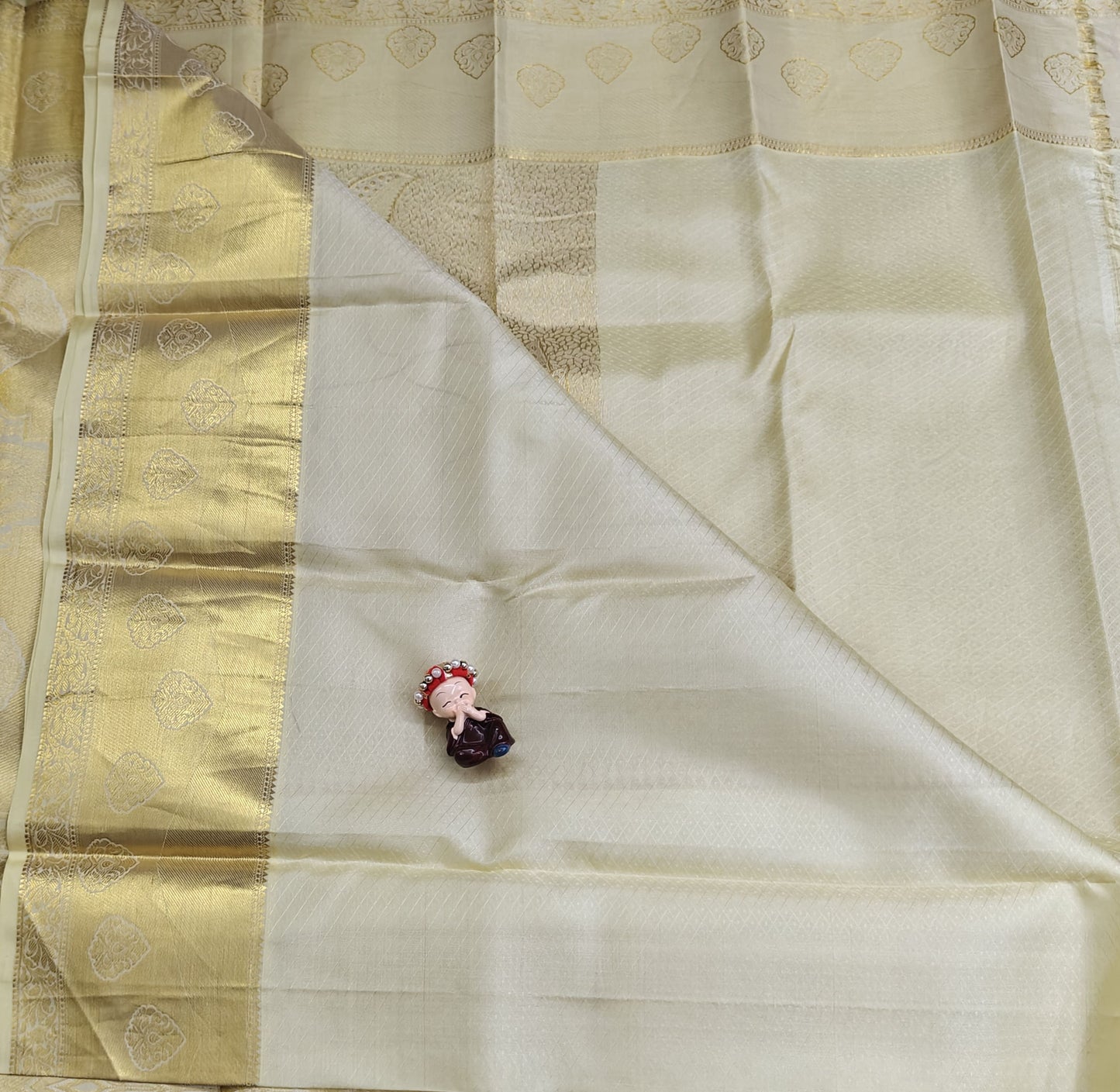 Off-White Pure Bridal Silk Saree with Gold Border