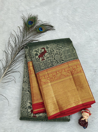 Dark Green Korvai Saree with Red Border