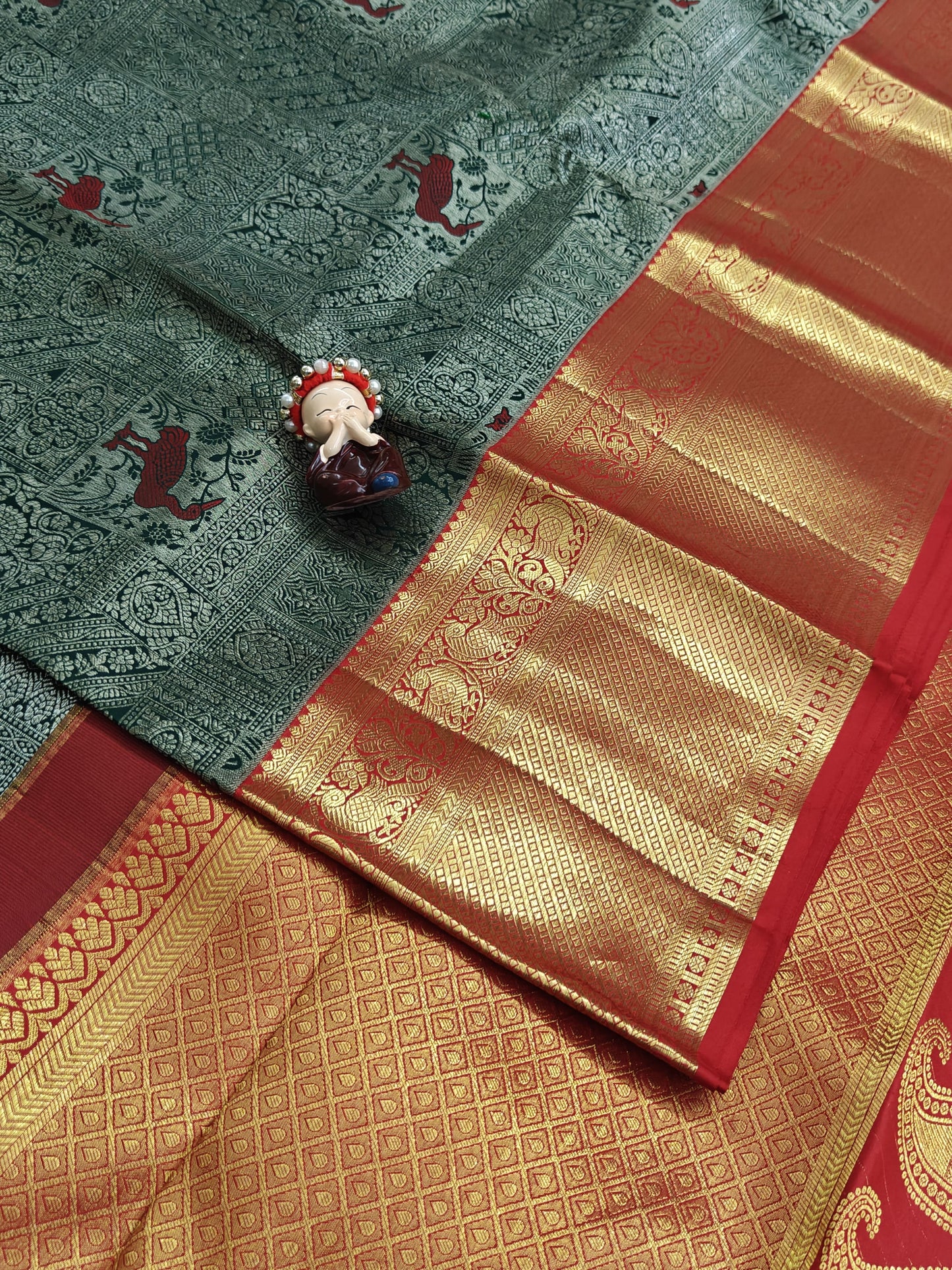 Dark Green Korvai Saree with Red Border
