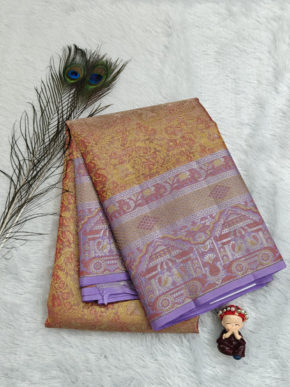 Peach Pure Tissue Silk Saree with Lavender Border
