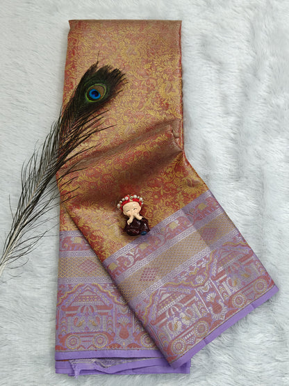 Peach Pure Tissue Silk Saree with Lavender Border