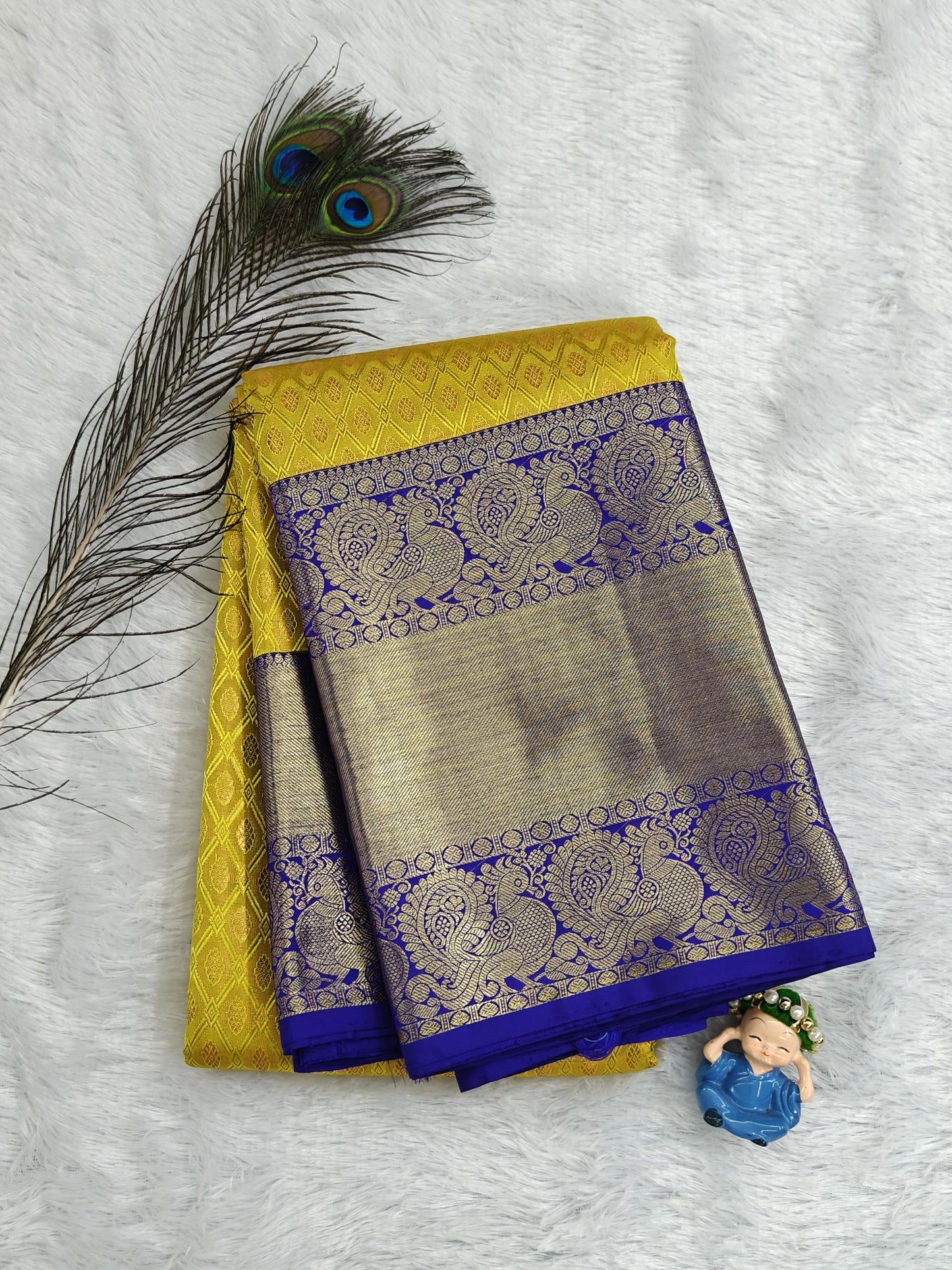Yellow Pure Bridal Silk Saree with Royal Blue Border