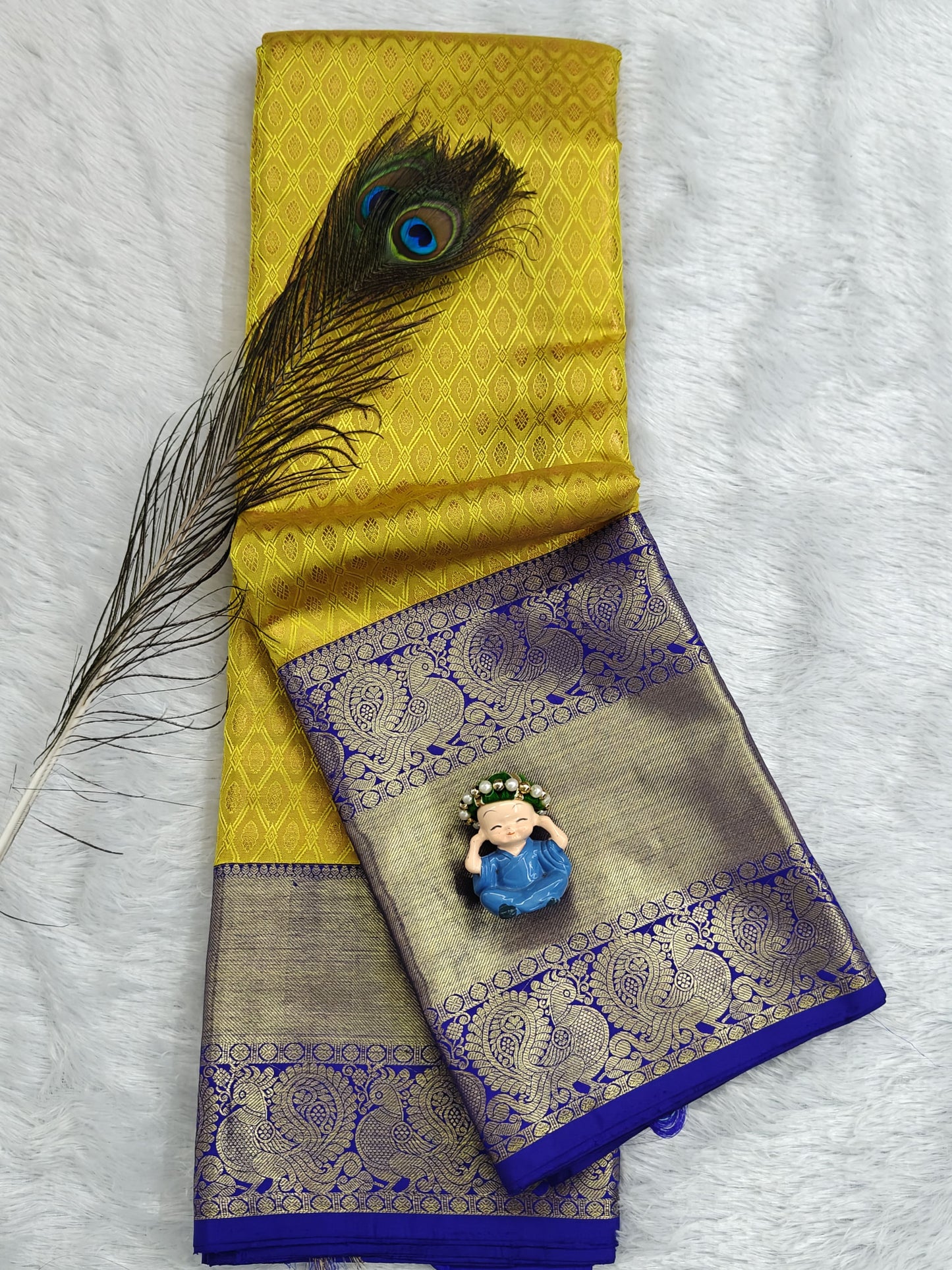 Yellow Pure Bridal Silk Saree with Royal Blue Border