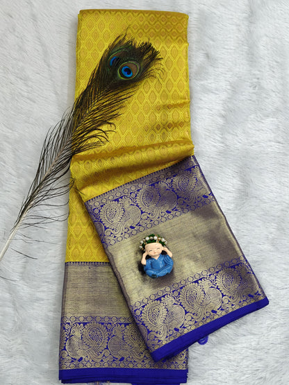 Yellow Pure Bridal Silk Saree with Royal Blue Border