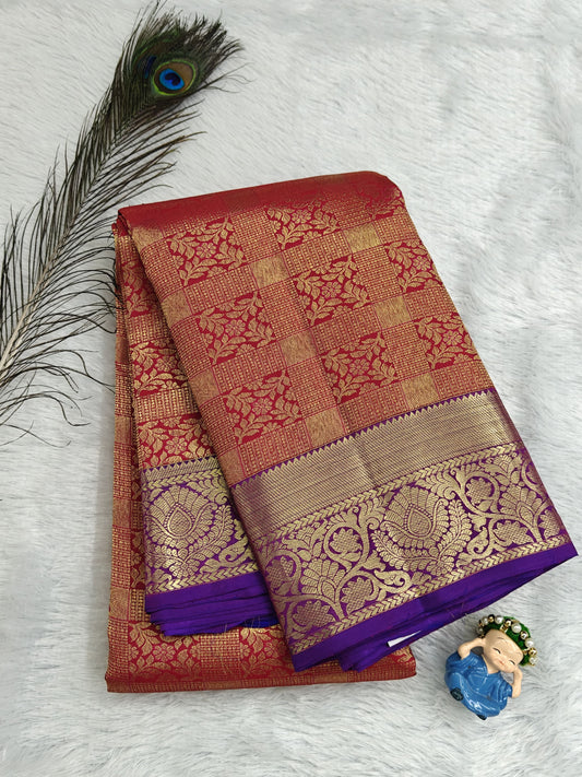 Red Pure Bridal Silk Saree with Purple Border