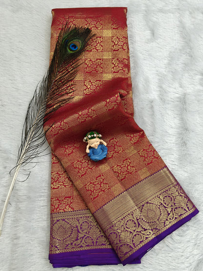 Red Pure Bridal Silk Saree with Purple Border