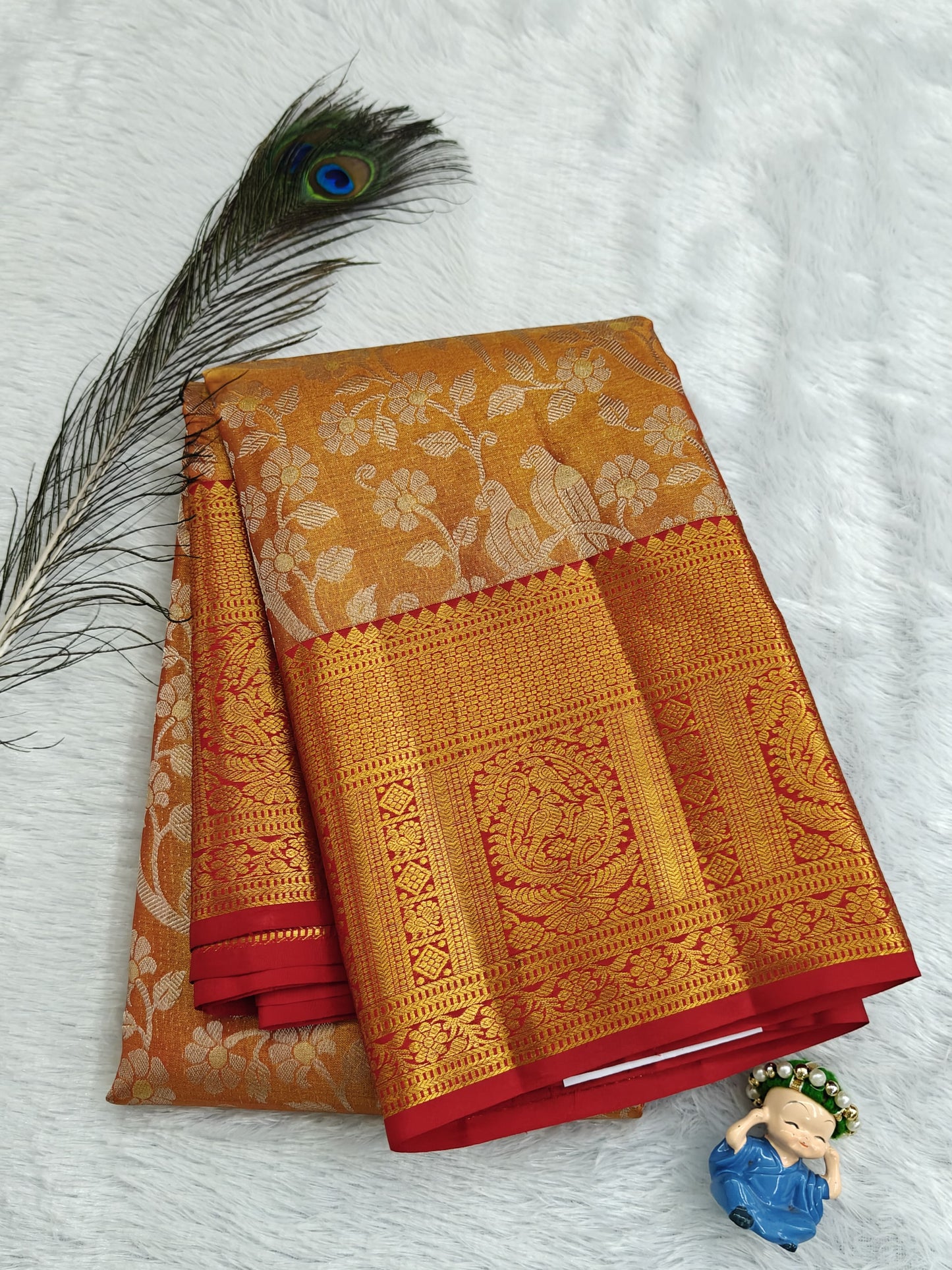 Orange Pure Tissue Silk Saree with Red Border