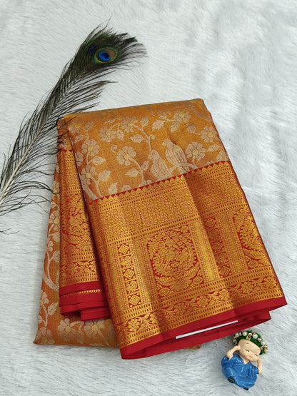 Orange Pure Tissue Silk Saree with Red Border