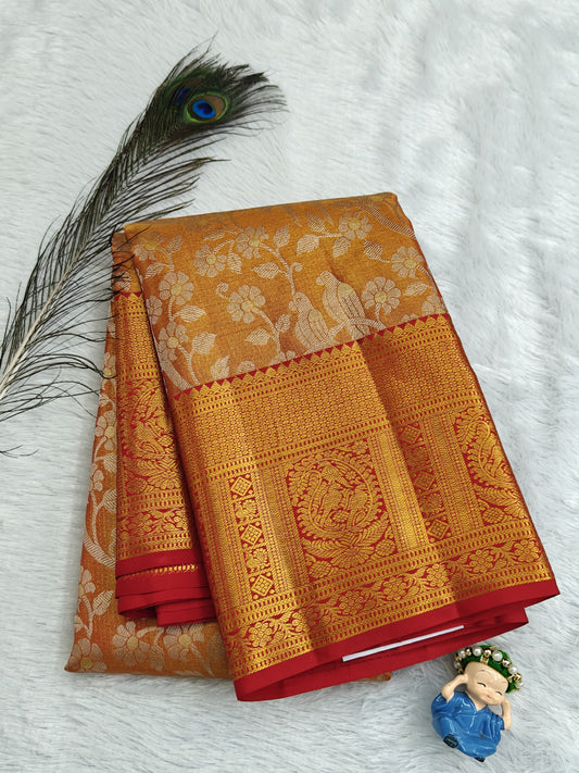 Orange Pure Tissue Silk Saree with Red Border