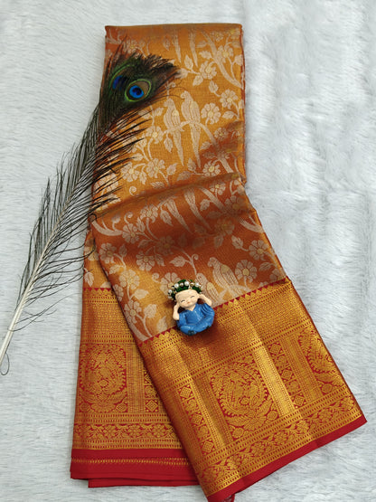 Orange Pure Tissue Silk Saree with Red Border