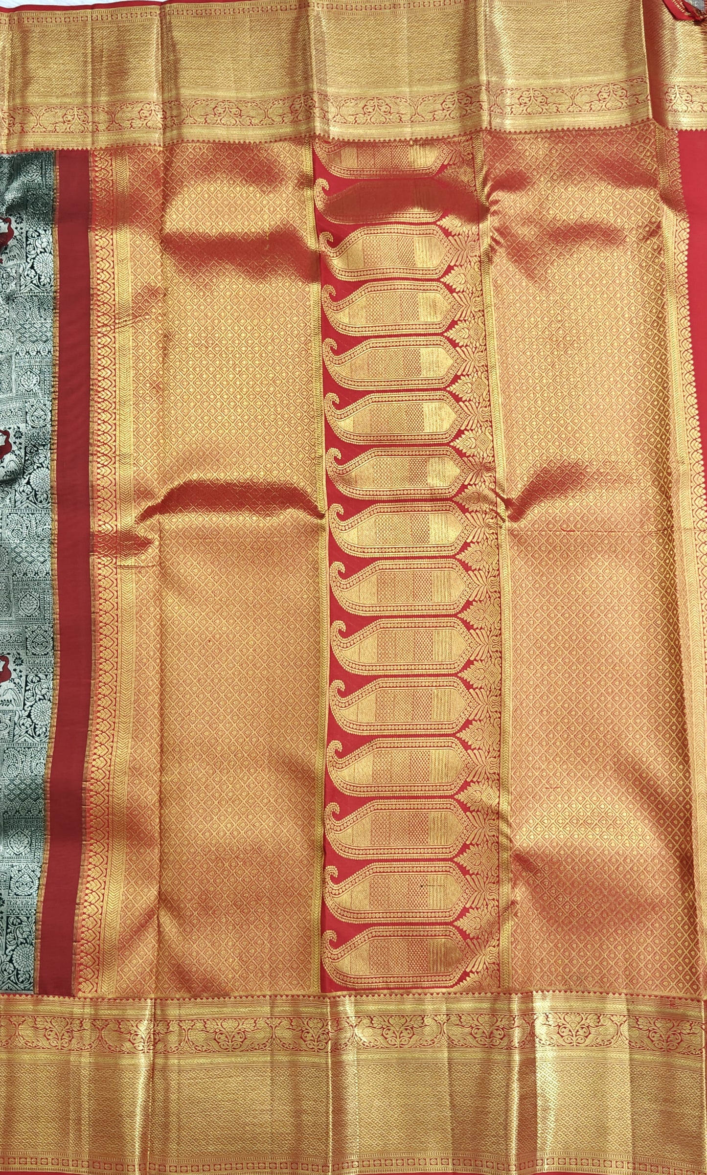 Dark Green Korvai Saree with Red Border