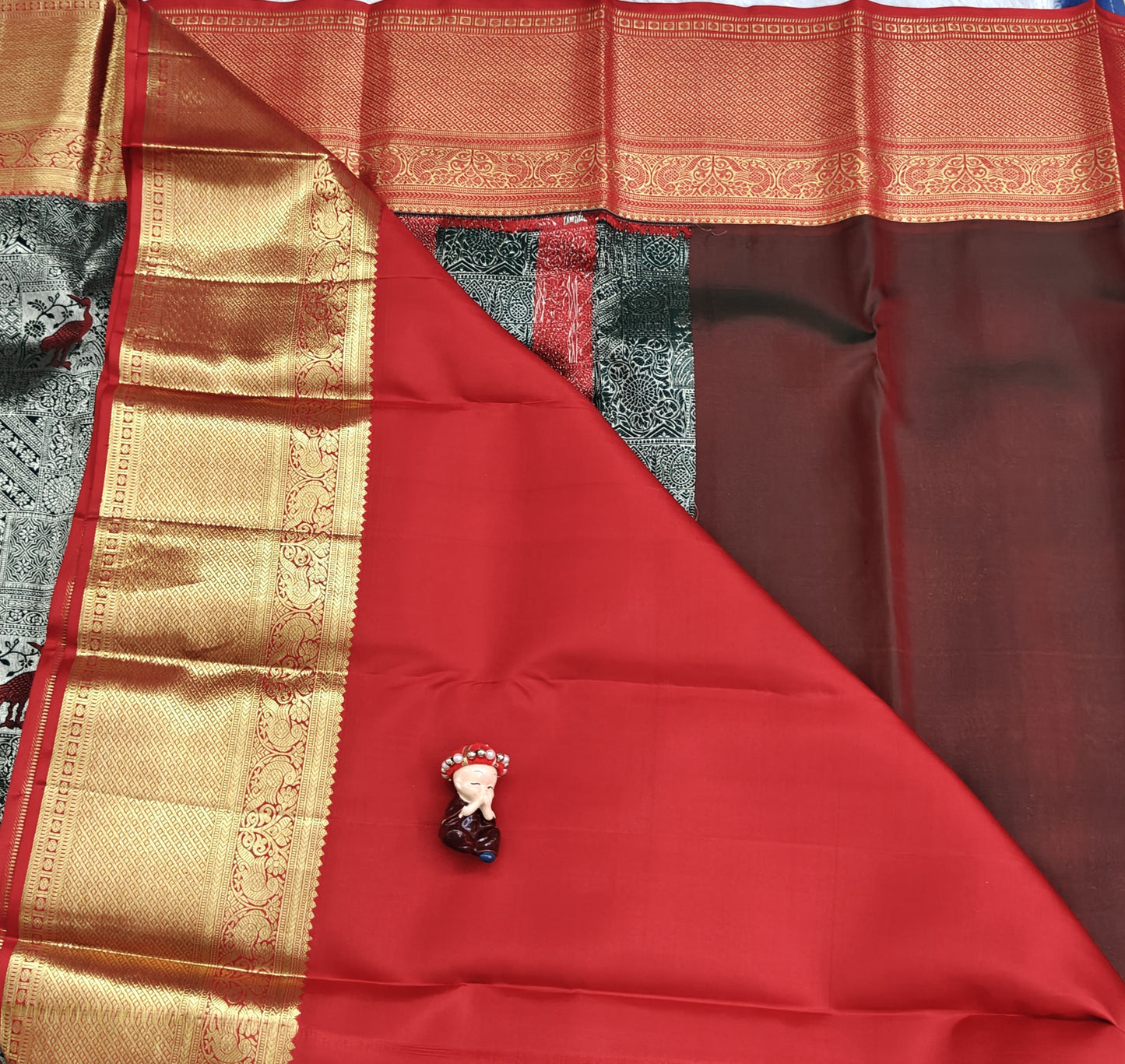 Dark Green Korvai Saree with Red Border