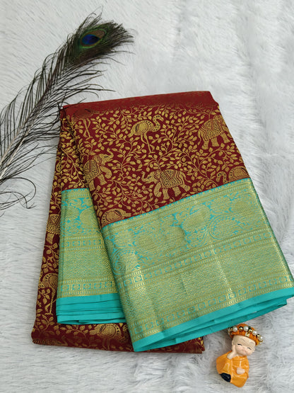 Maroon Korvai Saree with Sea Green Border