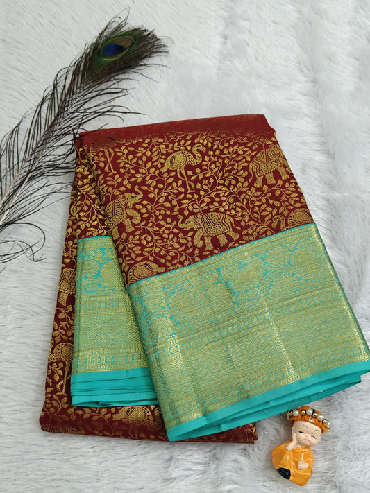 Maroon Korvai Saree with Sea Green Border