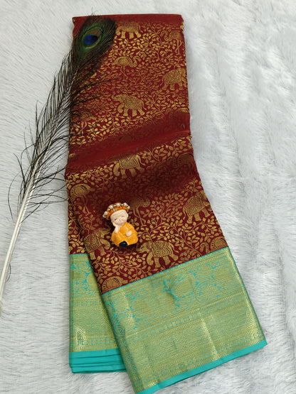 Maroon Korvai Saree with Sea Green Border