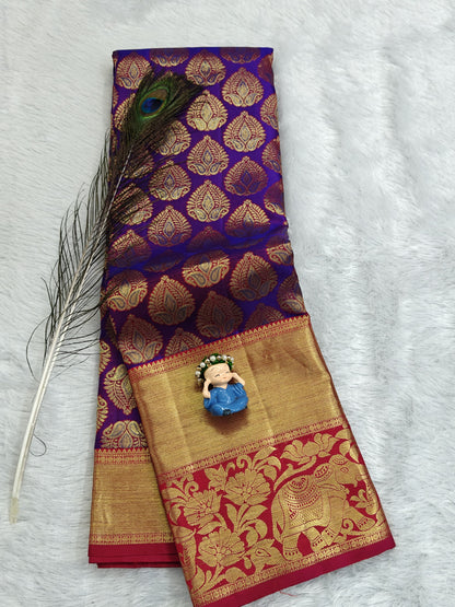 Purple Bridal Silk Saree with Rani Pink Border