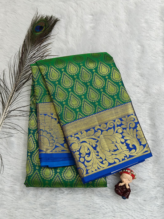 Green Pure Bridal Silk Saree with Royal Blue Border