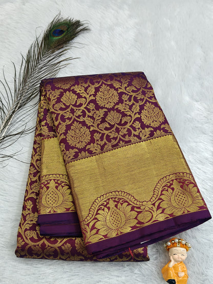 Purple Pure Bridal Silk Saree with Gold Border