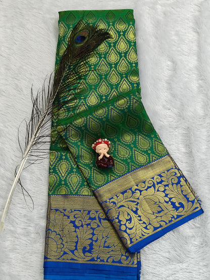 Green Pure Bridal Silk Saree with Royal Blue Border