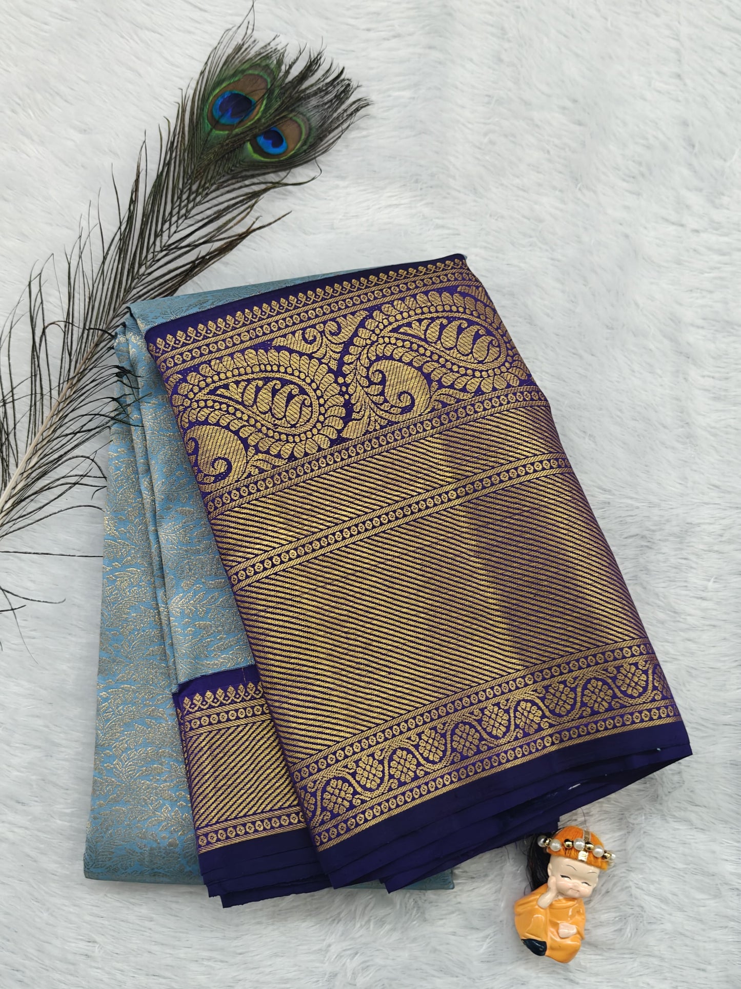 Sky blue Pure Bridal Silk Saree with Dark Blue Border