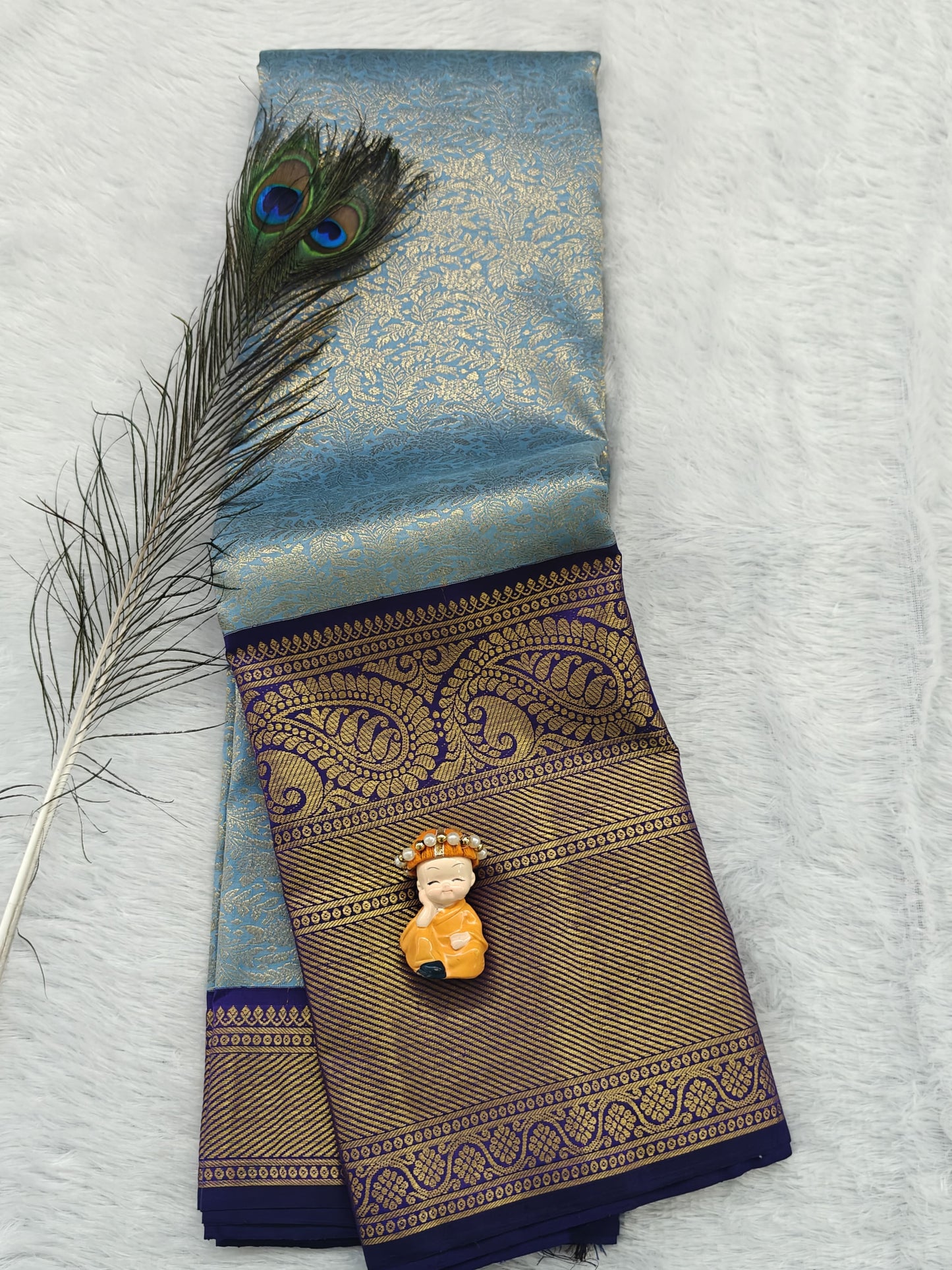 Sky blue Pure Bridal Silk Saree with Dark Blue Border