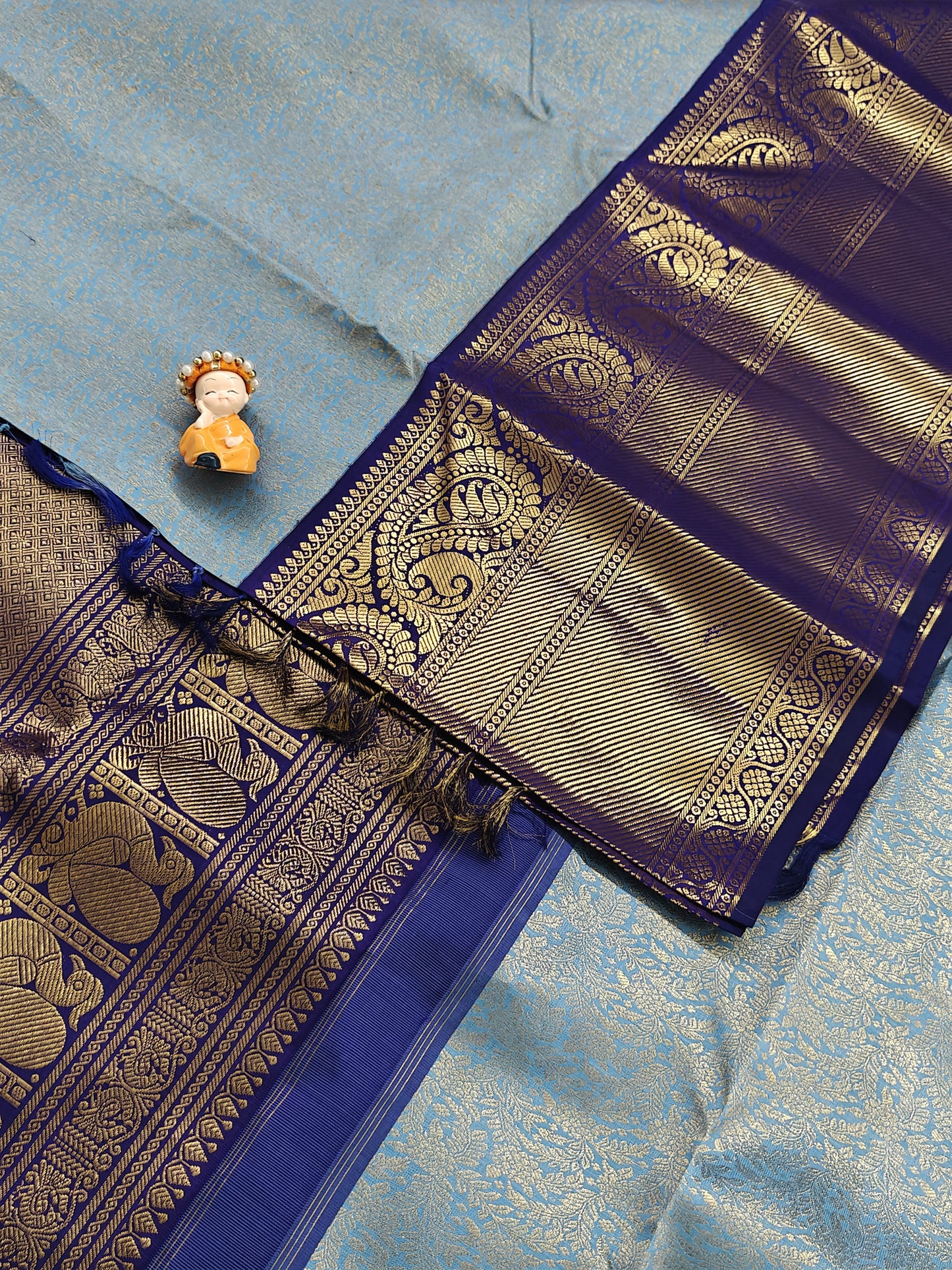 Sky blue Pure Bridal Silk Saree with Dark Blue Border