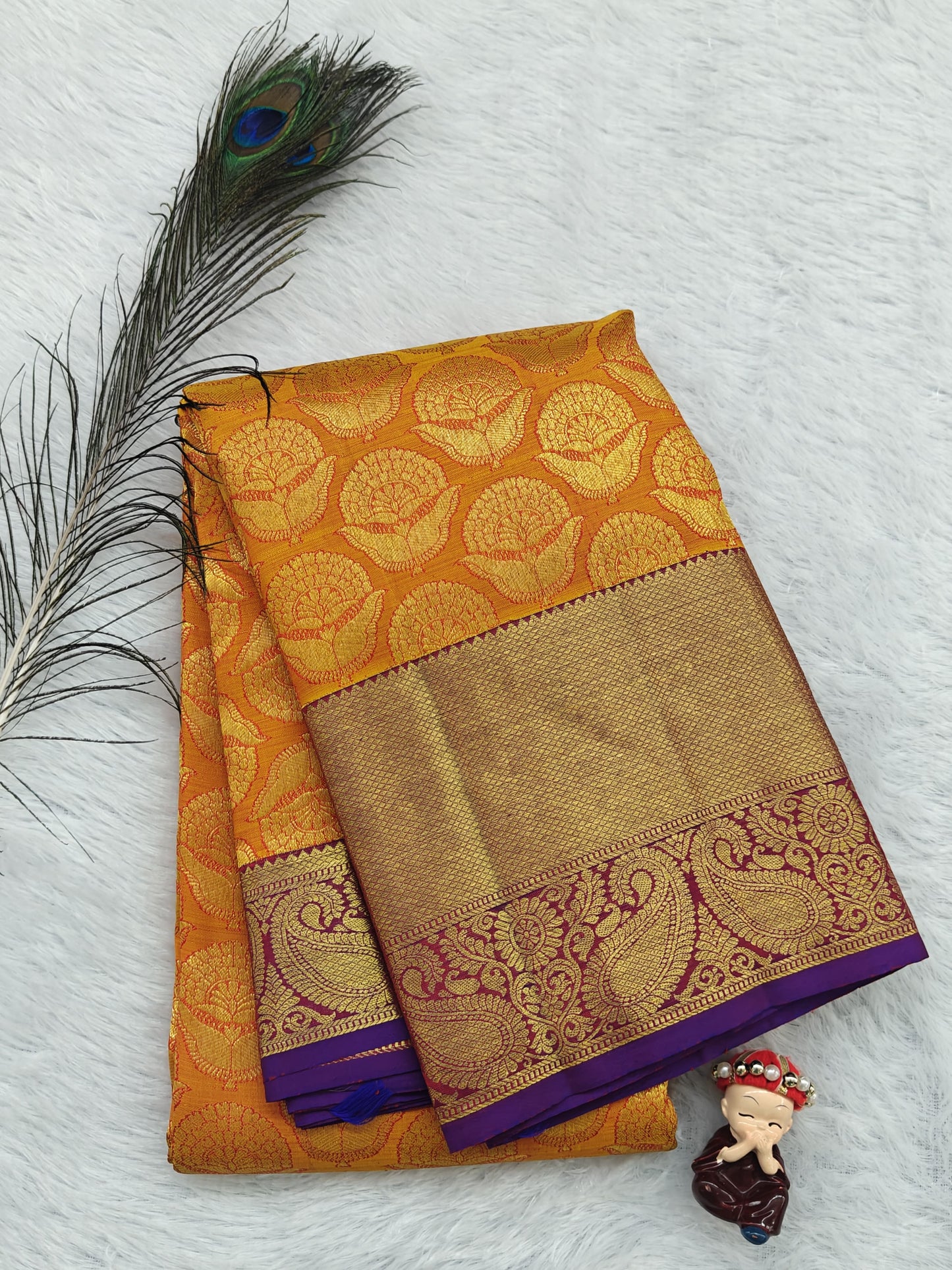 Orange Pure Bridal Silk Saree with Purple Border