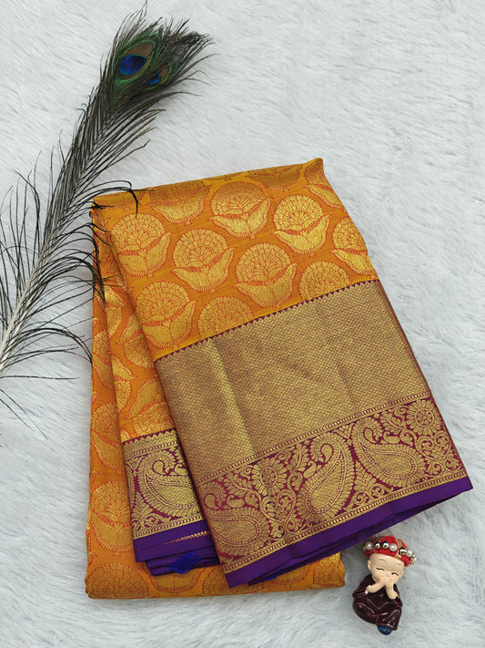 Orange Pure Bridal Silk Saree with Purple Border