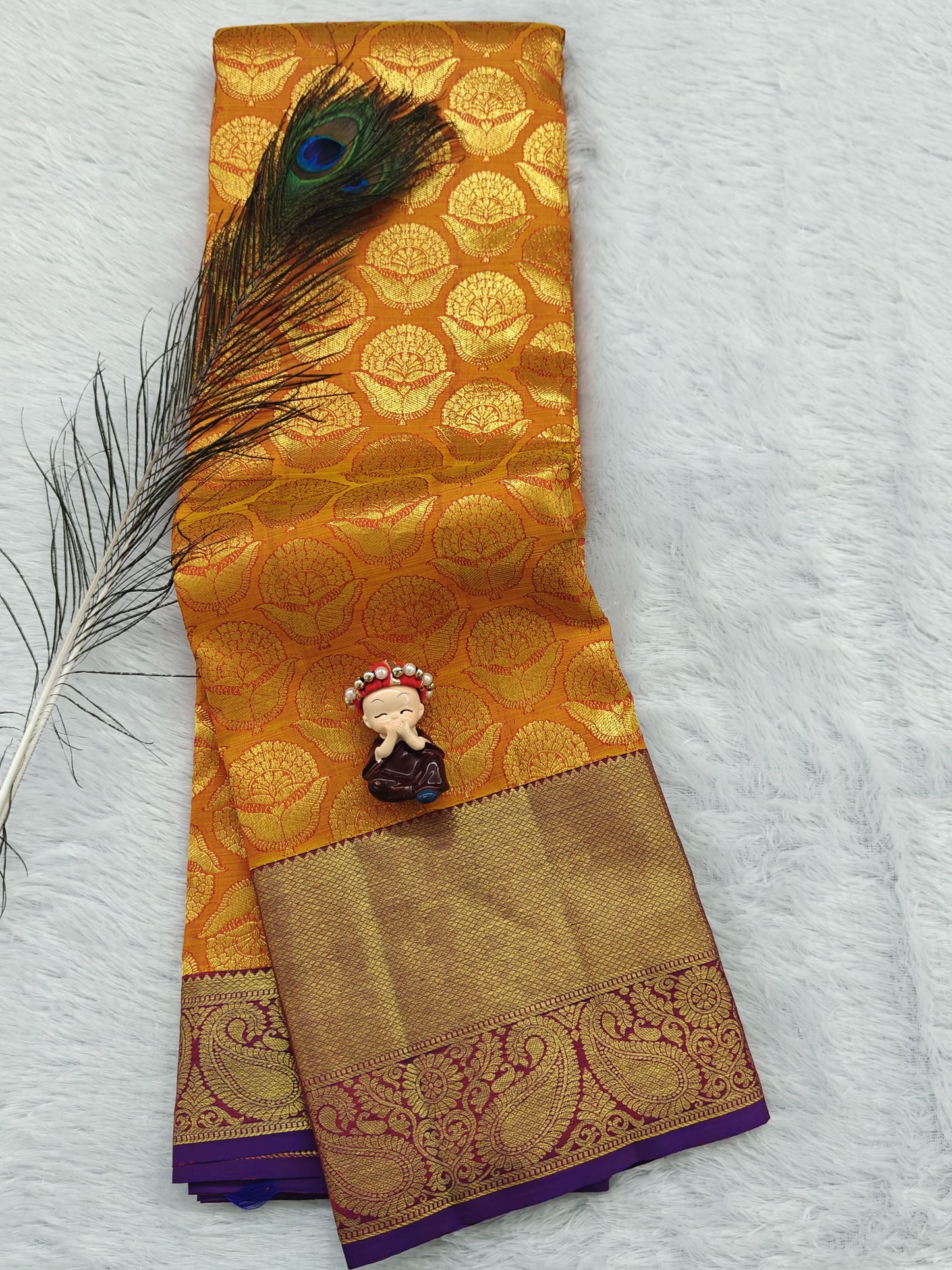 Orange Pure Bridal Silk Saree with Purple Border
