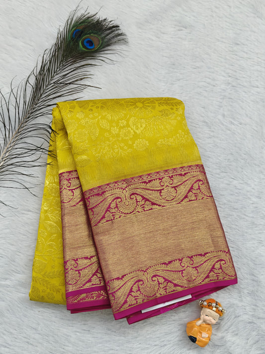 Yellow Pure Bridal Silk Saree with Pink Border