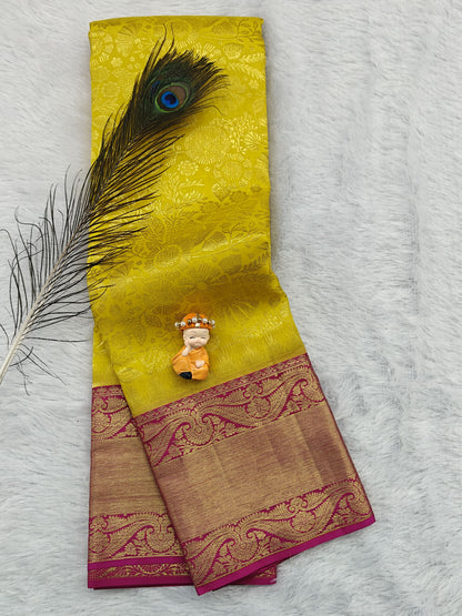Yellow Pure Bridal Silk Saree with Pink Border