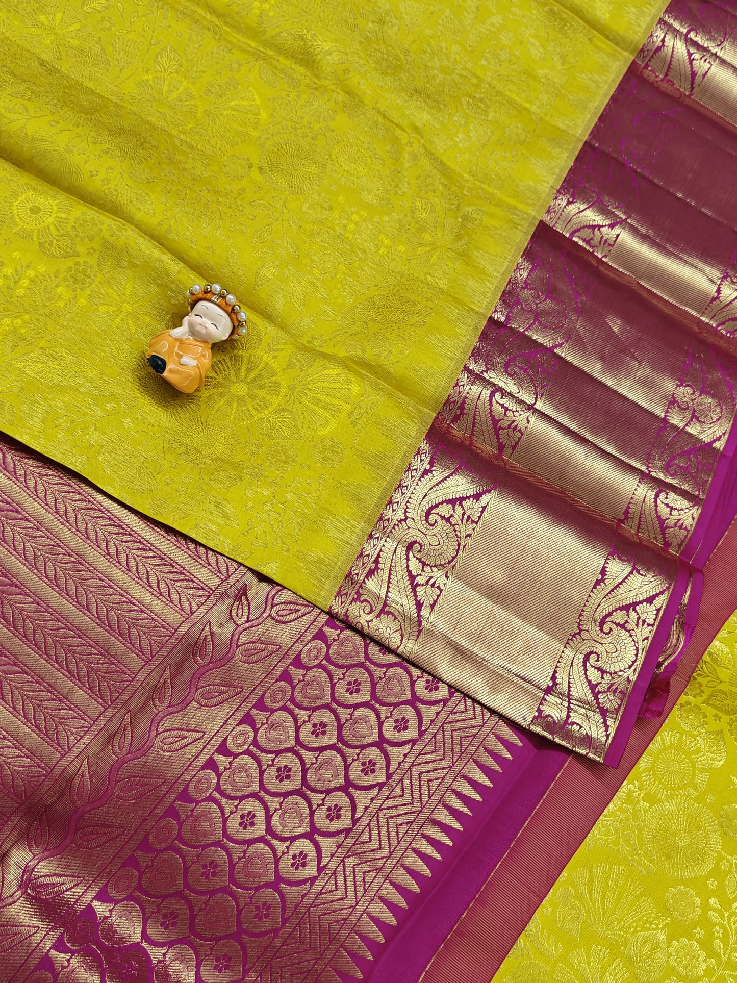 Yellow Pure Bridal Silk Saree with Pink Border