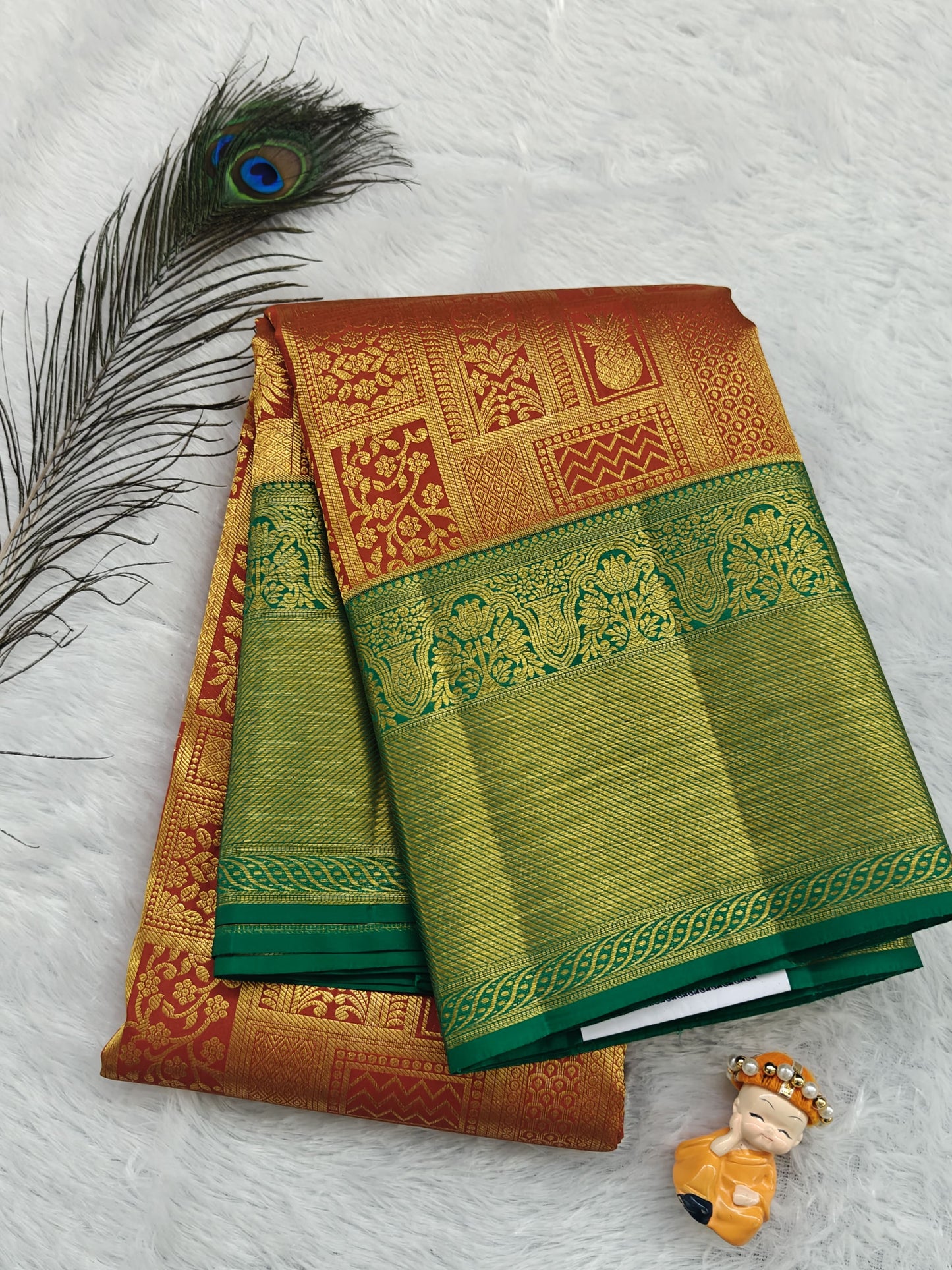 Rust Orange Pure Bridal Silk Saree with Green Border