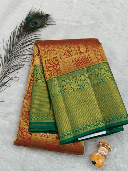 Rust Orange Pure Bridal Silk Saree with Green Border