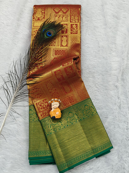 Rust Orange Pure Bridal Silk Saree with Green Border