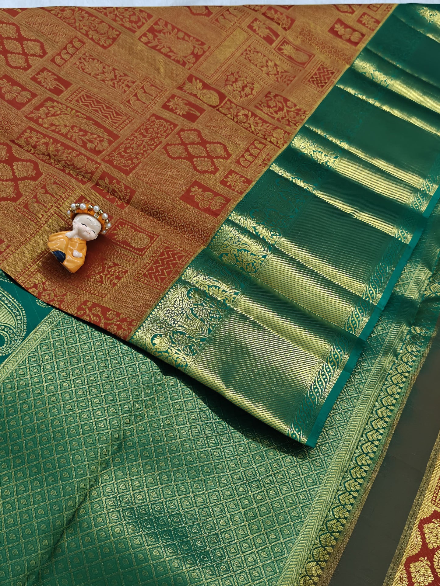 Rust Orange Pure Bridal Silk Saree with Green Border