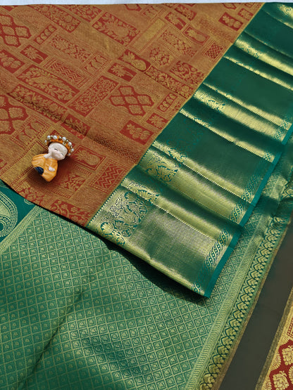 Rust Orange Pure Bridal Silk Saree with Green Border
