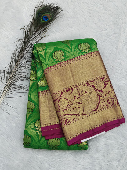 Green Pure Bridal Silk Saree with Purple Border