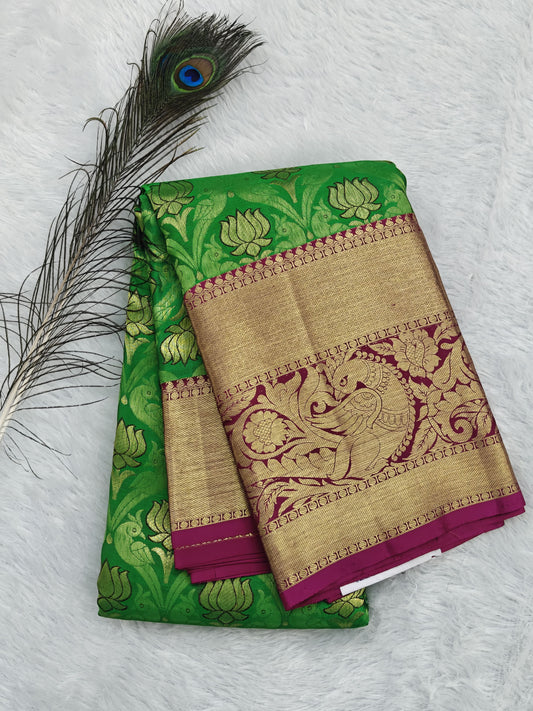 Green Pure Bridal Silk Saree with Purple Border