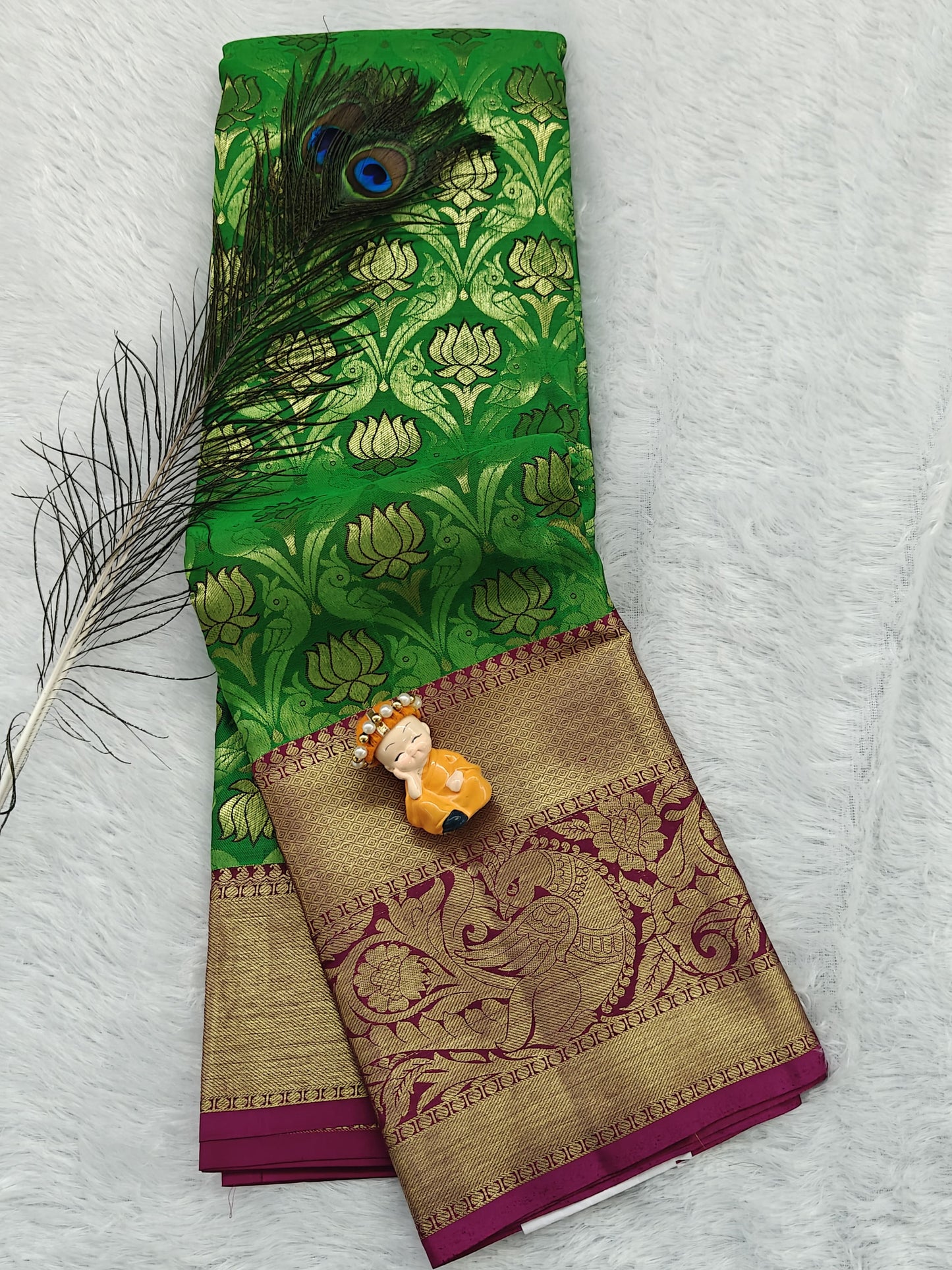 Green Pure Bridal Silk Saree with Purple Border